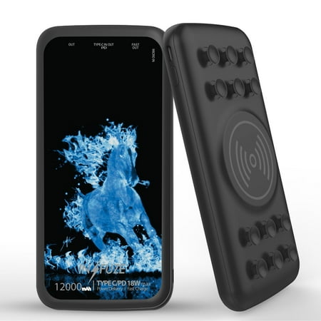 

INFUZE Qi Wireless Portable Charger for Samsung Galaxy A12 External Battery (12000 mAh 18W Power Delivery USB-C/USB-A 3.0 Ports Suction Cups) with Touch Tool - Blue Flame Running Horse