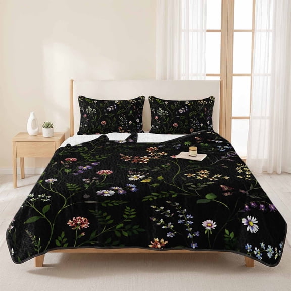 3 Pieces Queen Quilt Set,Dark Watercolor Blossom Flower Soft Bedding Sets with 1 Quilt & 2 Pillow Shams,Rustic Floral Leaves on Black Summer Bedspread Lightweight Coverlet Comforter for All Season