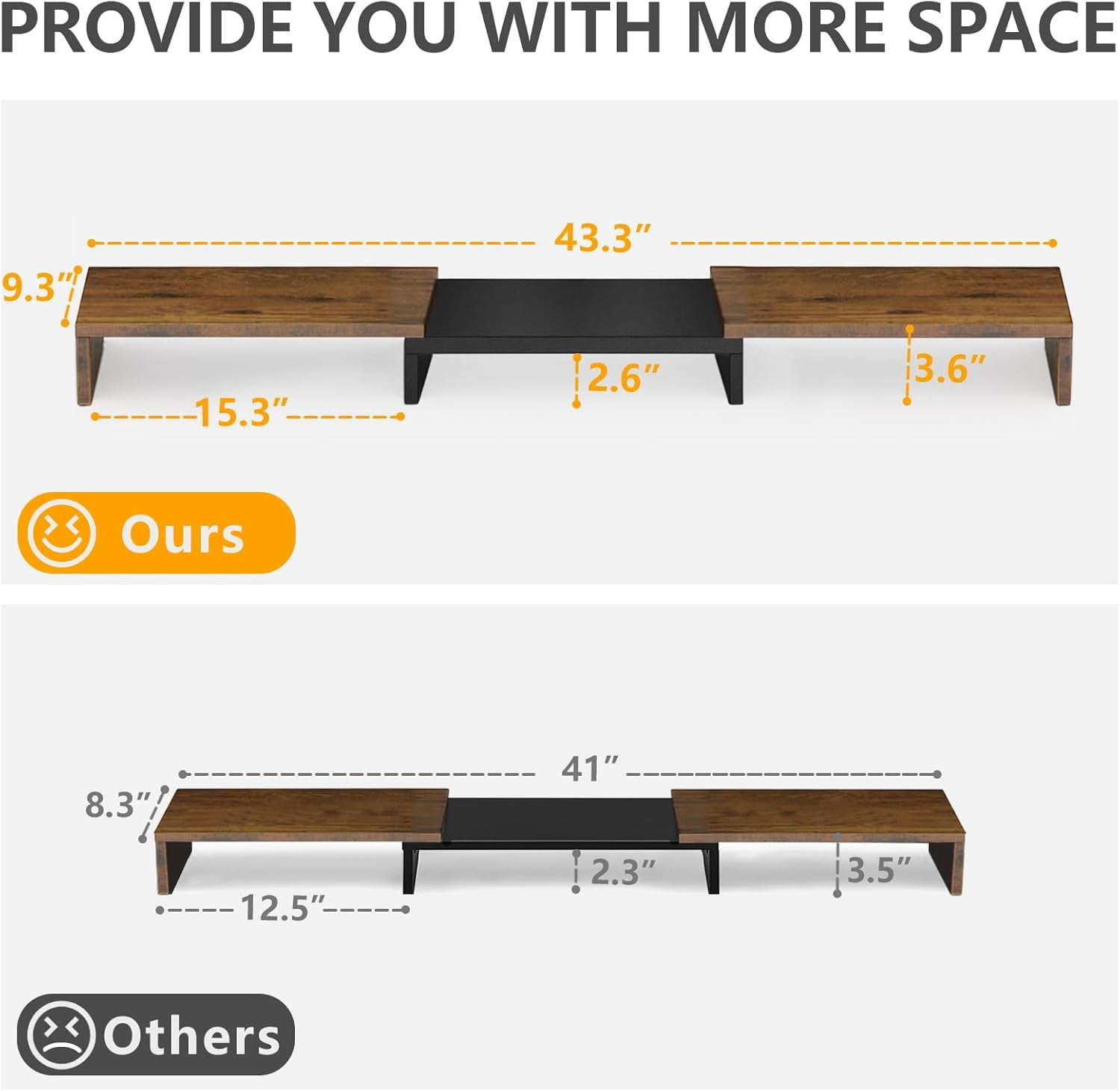 Dual Monitor Stand Riser, Computer Monitor Stands for 2 Monitors, Extra Long Multifunctional Wooden Desktop Organizer Riser for Computer, Laptop, PC, Printer, TV, Max 43.3" Length