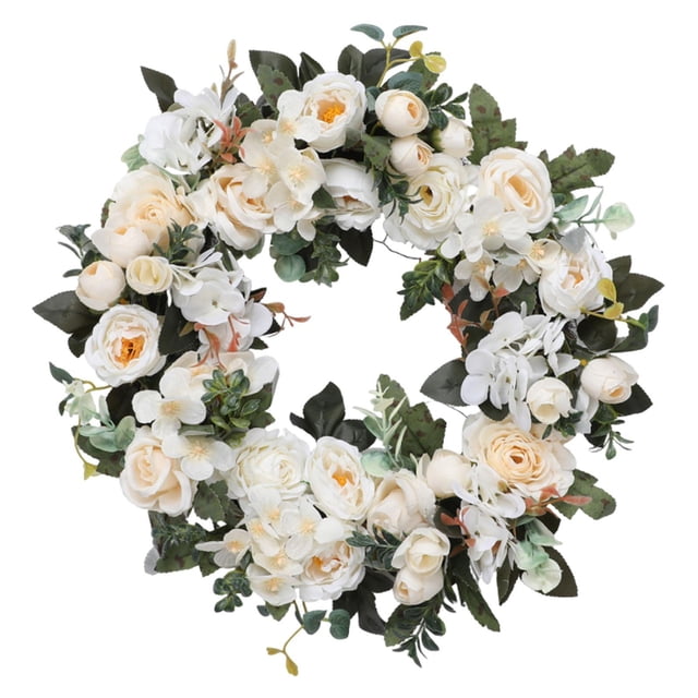 Corona artificial de 18 pulgadas de diámetro para puerta de entrada, peonía, rosa, fiesta, pared exterior Blanco