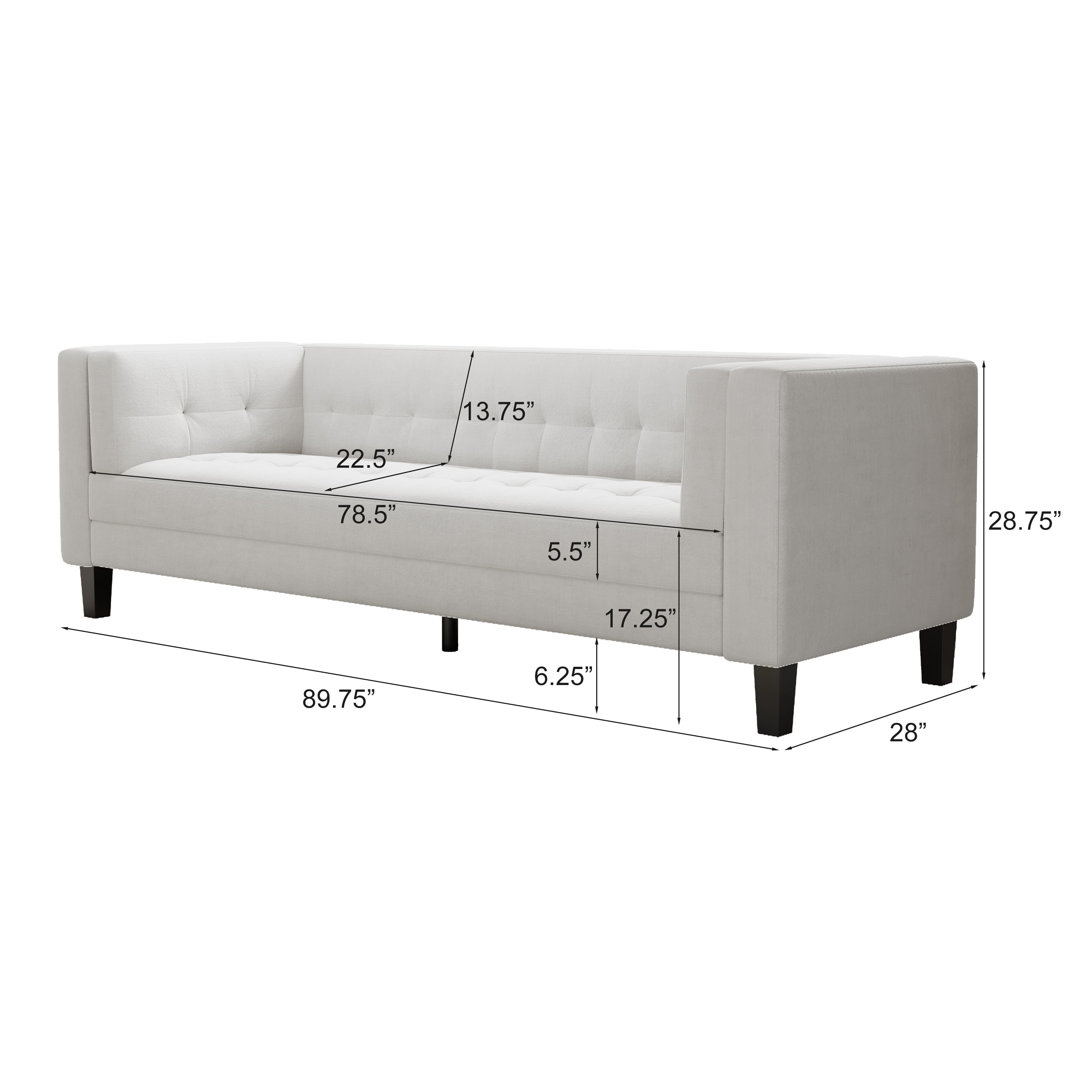 Miniyam 90 in Classic 3-Seater Sofa Modern Solid Print Velvet Tufted Coach, Ivory White