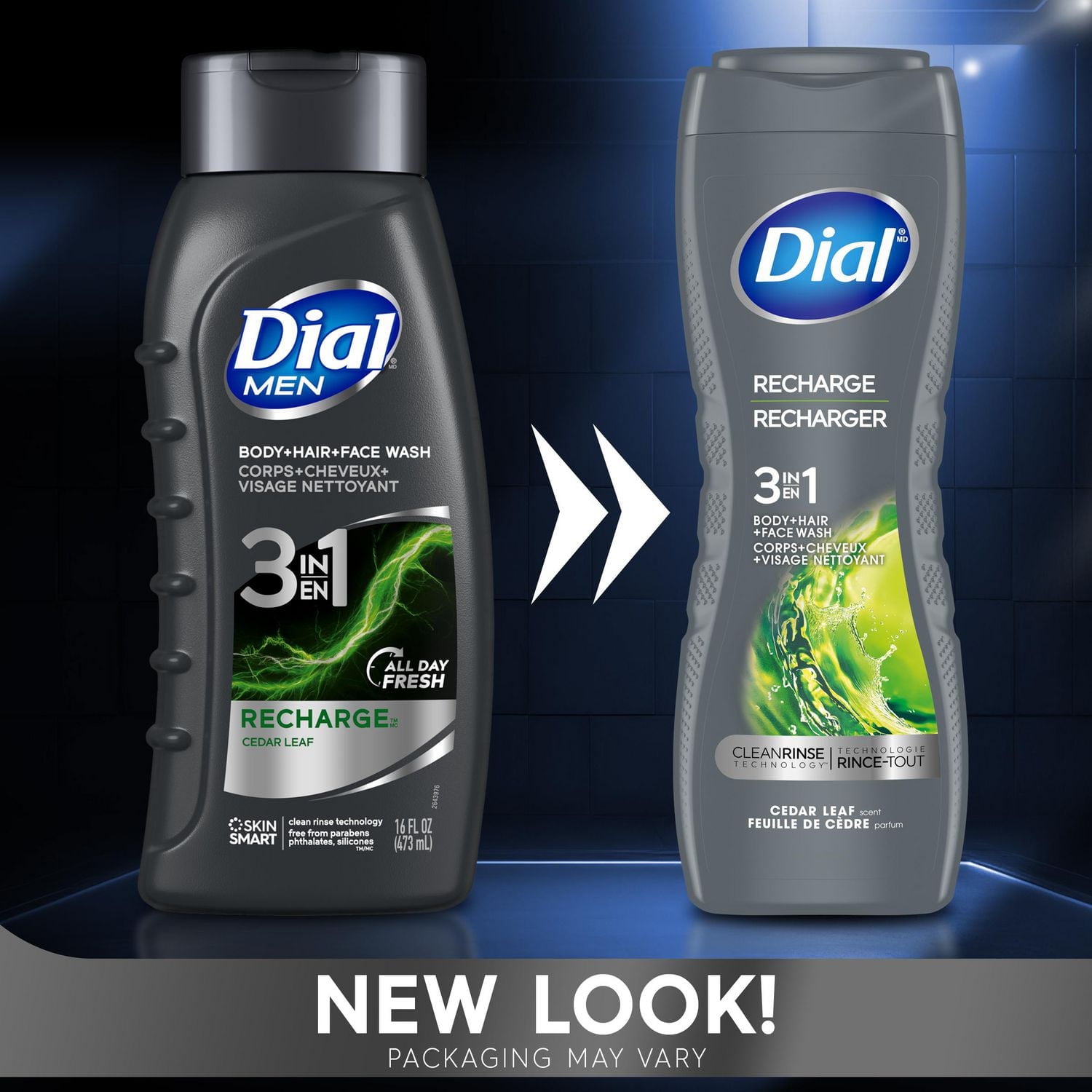 Dial Men 3in1 Body, Hair and Face Wash, Recharge, Cedar Leaf Scent, 473ml