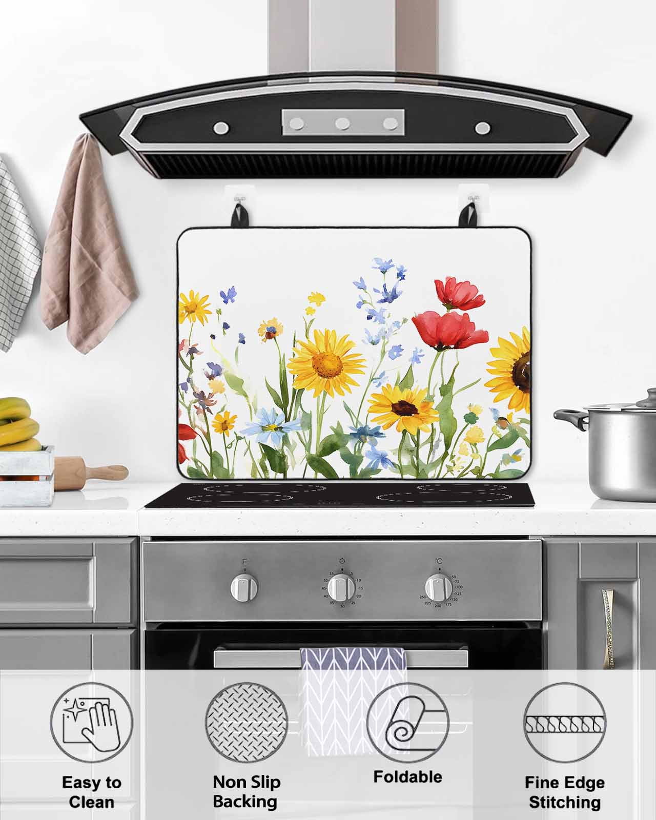 nqOlkjepod Large Induction Cooktop Protector Mat 24"x21", Spring Floral Stove Top Covers for Electric Stove, Summer Pastoral Botanical Decorative Stove Burner Cover Mats, Glass Top Stove Cover