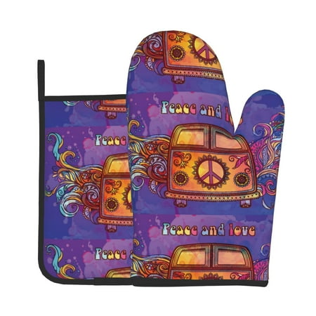 

Gaeub Peace And Love Print Oven Mitts and Pot Holders Sets of 2 Heat Resistant Pad Cooking Gloves for Baking BBQ Home Decor