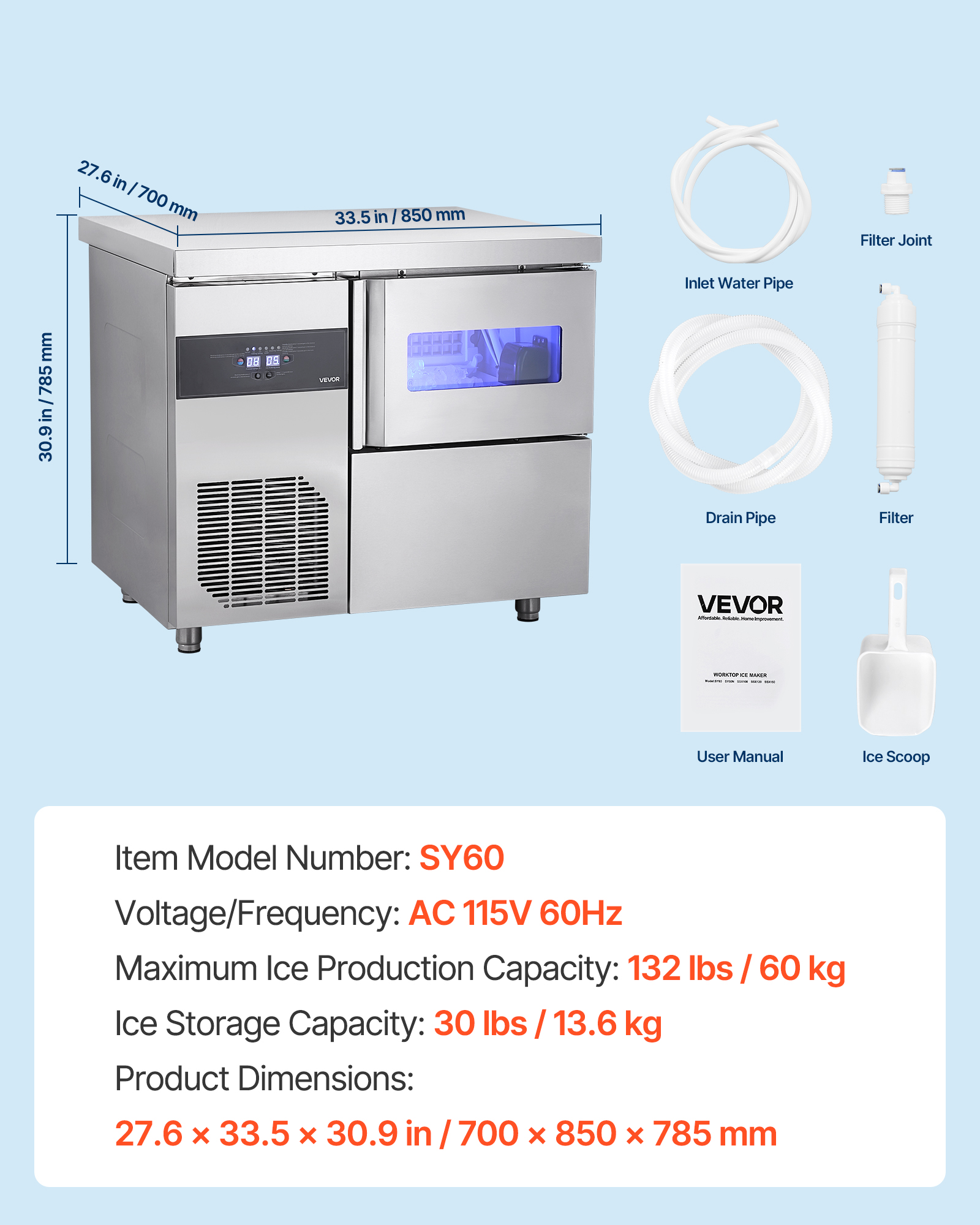 VEVOR Commercial Ice Maker Machine, 132 lbs/24H Stainless Steel Ice Machine with Worktop, 30 lbs Storage & 70 Cubes/Cycle,Self-Cleaning Freestanding Ice-Making for Home Bar Office Restaurant Kitchen