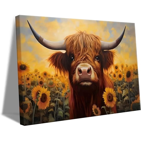 WFSposter Highland Cow Sunflower Wall Art Scottish Cow Poster Picture Sunflower Flowers Field Canva Print Cute Farm Cow Painting For Living Room Bedroom Home Office Wall Decor Framed