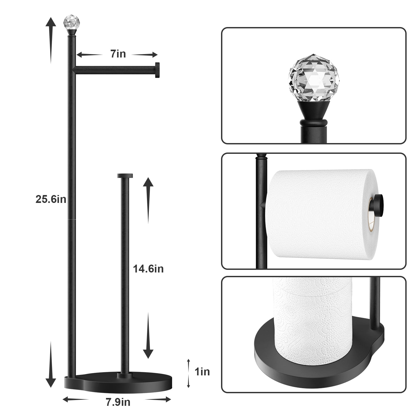 KASUNTO Toilet Paper Holder for Bathroom, Heavy Weighted Metal Free Standing Toilet Paper Storage with Crystal Ball, Toilet Paper Stand for Bathroom Accessories, Matte Black [Holds MEGA Rolls]