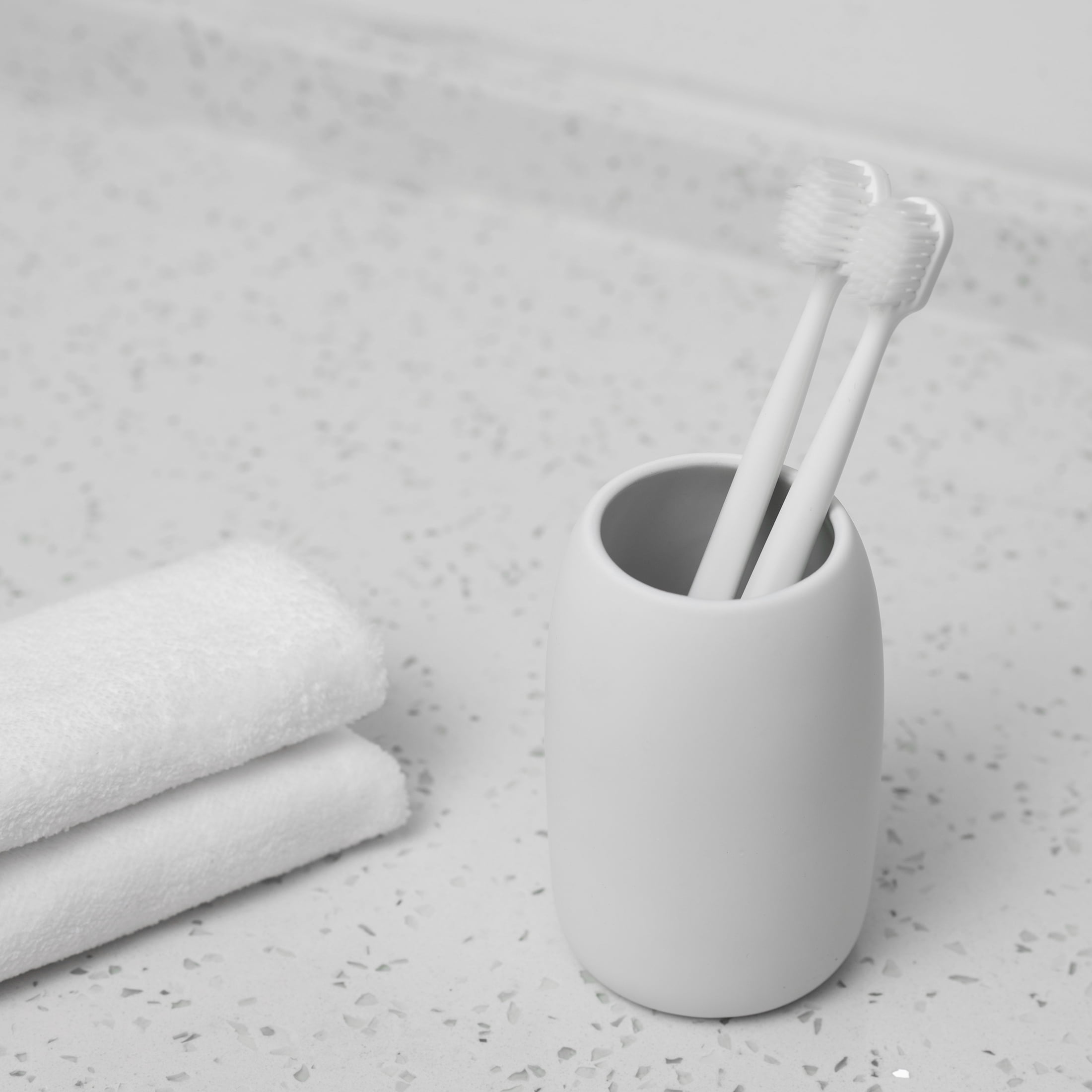 Mainstays Ceramic Stoneware Bath Accessories 3-Piece Set, White – Soap Pump Dispenser, Tumbler, and Accessory Tray