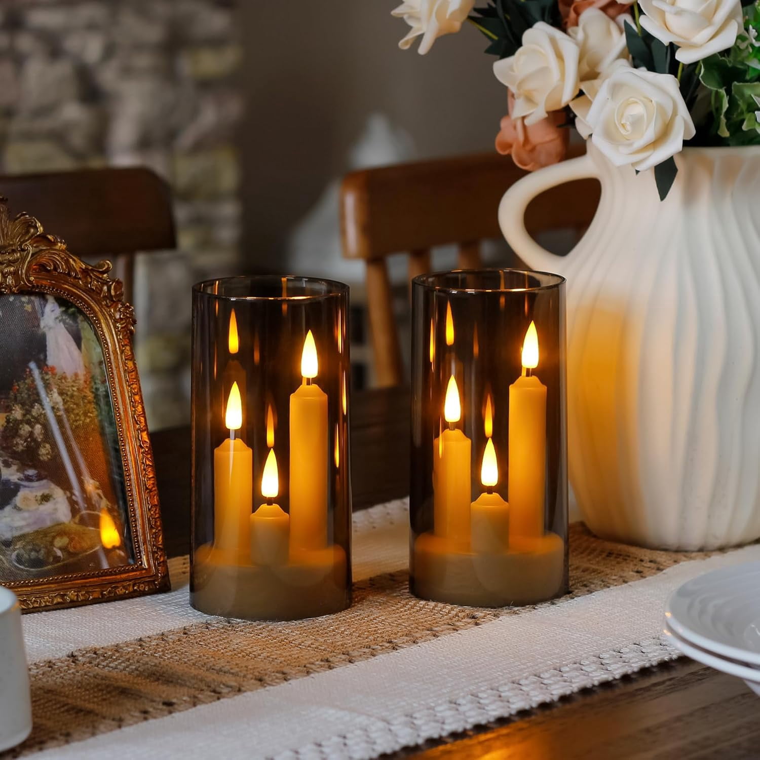3 in 1 Flameless Taper Short Candles with 10 Key Remote Control and Timer, Battery Operated Pack of 2 LED Acrylic 3" x6" Grey Pillar Flickering Warm Light