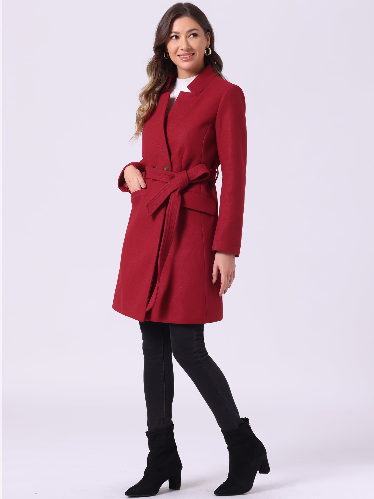 DARING DIVA Women's Vintage Belted Coat Stand Collar Winter Outwear Coats Dark Red M