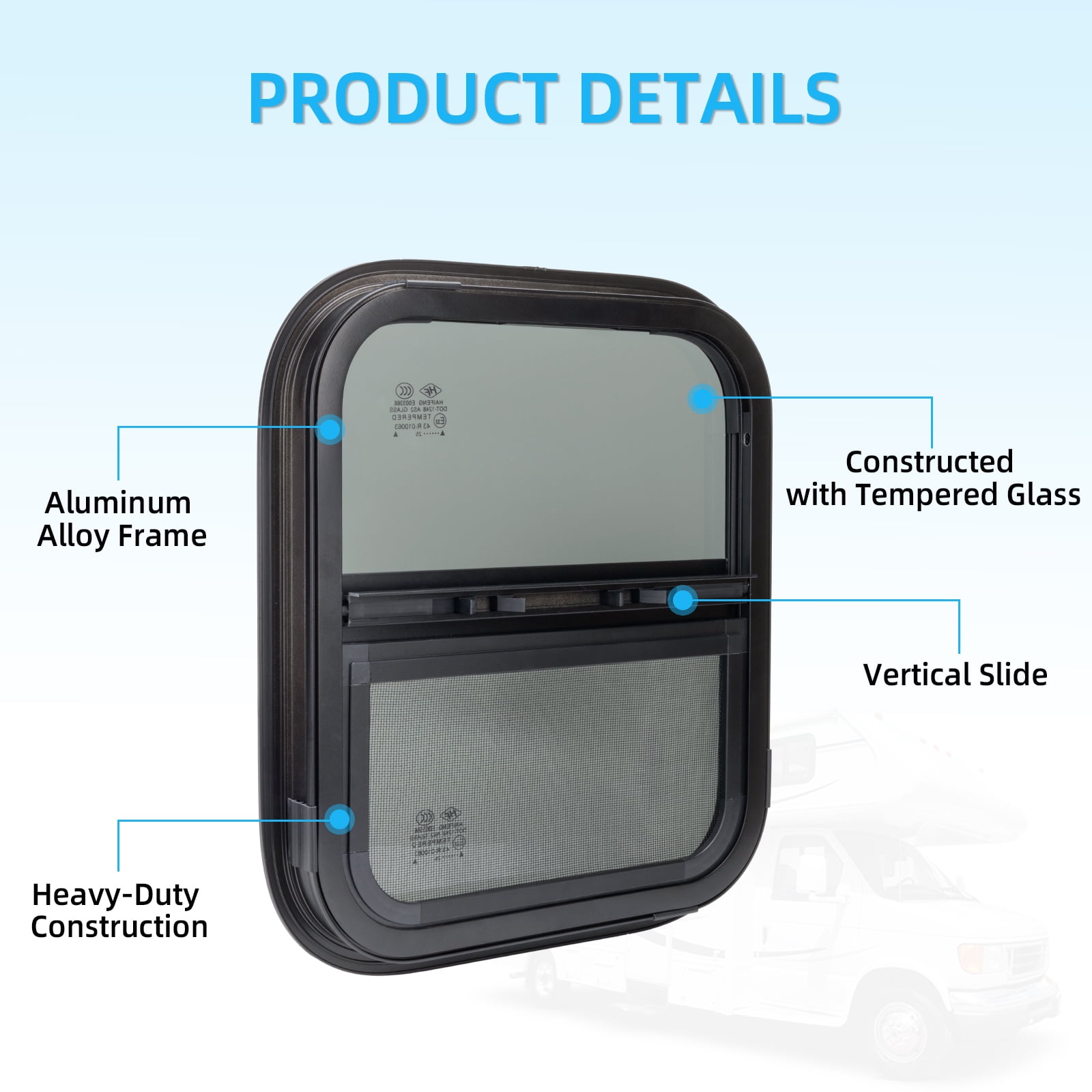 RV Window for Trailer Camper, 14" W x 16" H Vertical RV Window with Net Screen and Trim Ring RV Window for Cargo Trailer Camper for 15/16" to 1-3/4" Thick Walls, DOT Approved