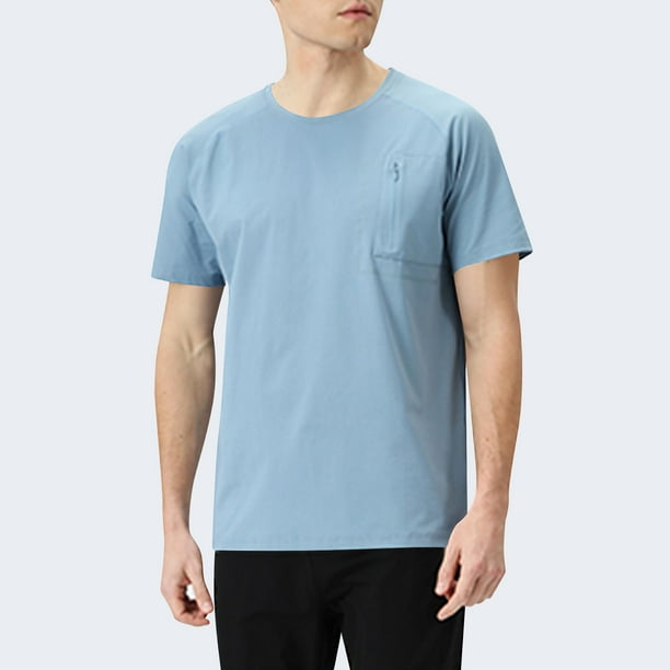 Camisas Elvqul para Hombre Azul Claro Economicas Manga Corta de Color Sólido Cuello Redondo