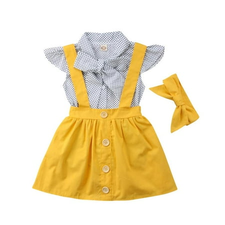 Polka Dot Baby Girl - Toddler Baby Girls Polka Dot Short Sleeve Bowknot Shirt Tops+Suspender Braces Skirt Overalls with Headband
