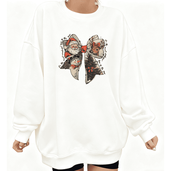 Women's Bow Santa Christmas Graphic Sweatshirt Casual Festive Graphic Top Round-neck long-sleeved White S-3XL