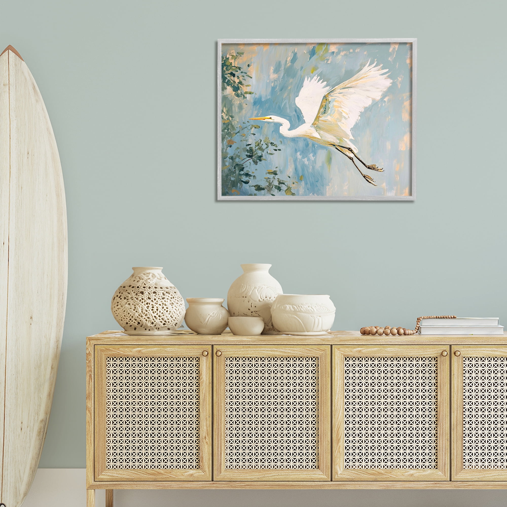 Stupell Industries White Heron in Flight Animals & Insects Painting Gray Framed Art Print Wall Art, 30 x 24