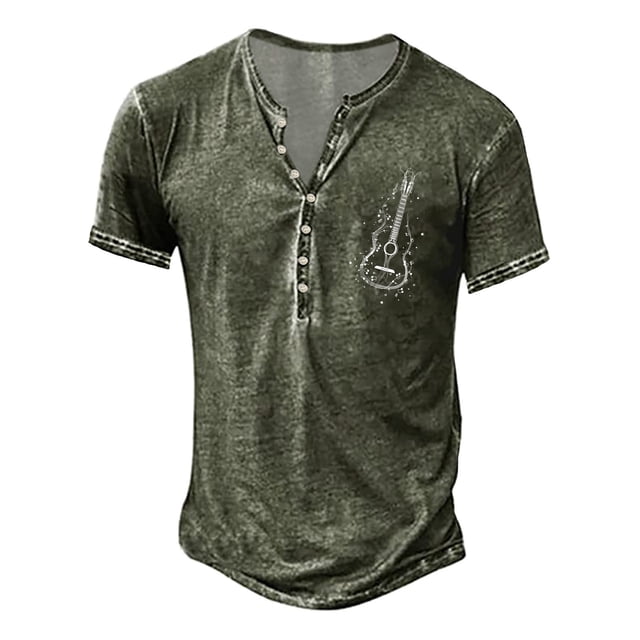 LUOGENLI Male T-shirts for Mens Mens Summer Retro Old Basic Button Placket Small Print Short Sleeved Shirt T Shirt Mens T-shirts Graphic Tees Easter Army Green M