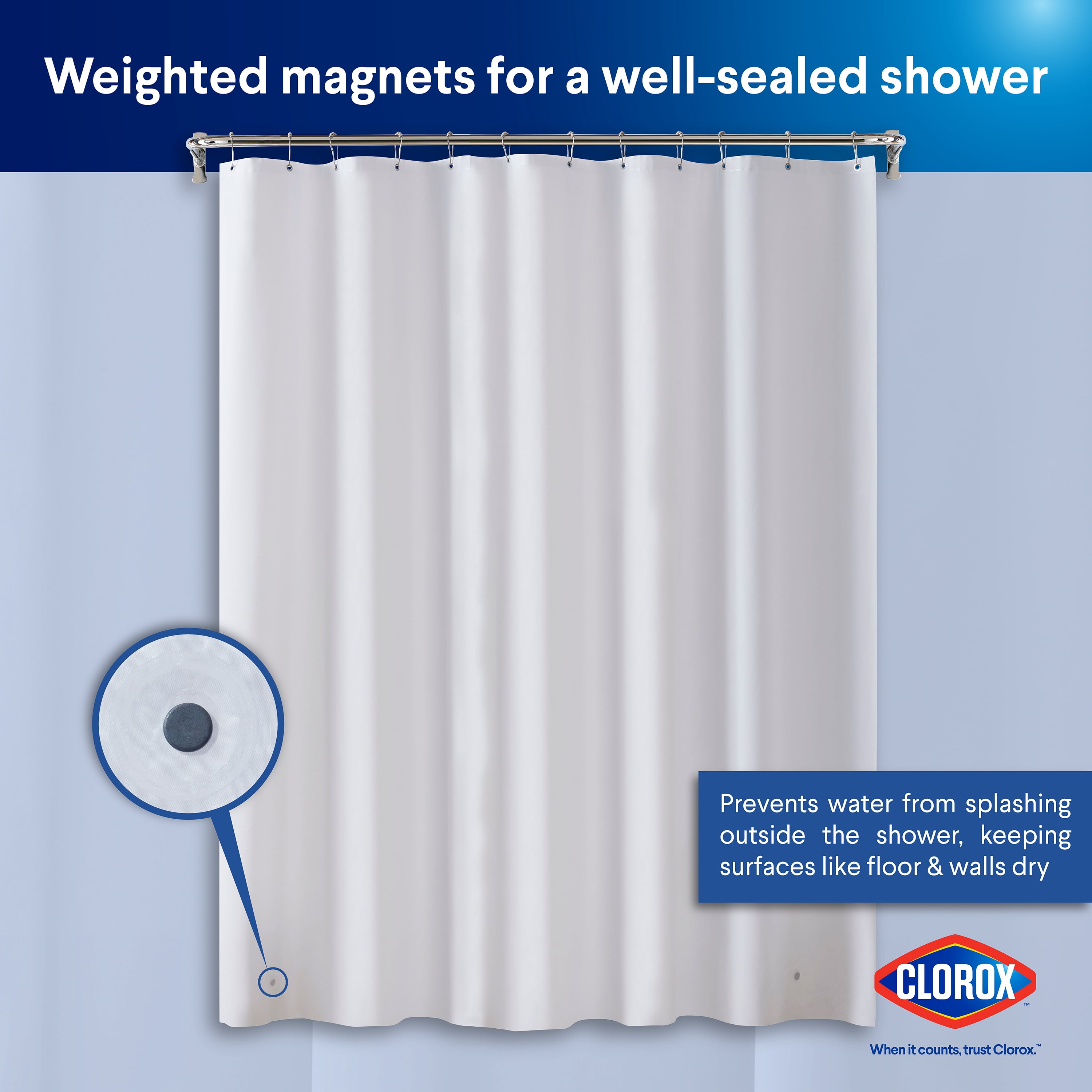 Clorox Shower Curtain Liner, Premium Heavyweight Durable Waterproof 8g PEVA for Bathroom with Weighted Magnets, Standard Size 72" x 72", Frosty 1 Pack