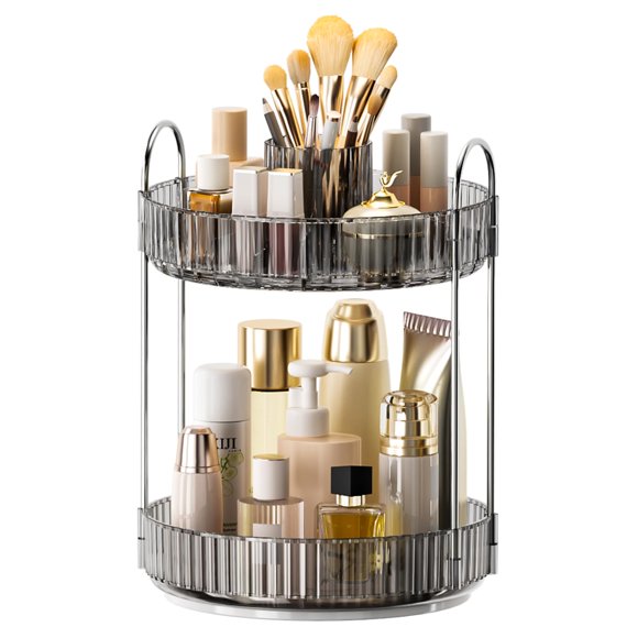 Organizador de maquillaje giratorio 360, organizador de perfumes para el cuidado de la piel de 2 niveles mejorado para mujeres, organizador de baño, encimera, organizador de tocador cosmético transpar