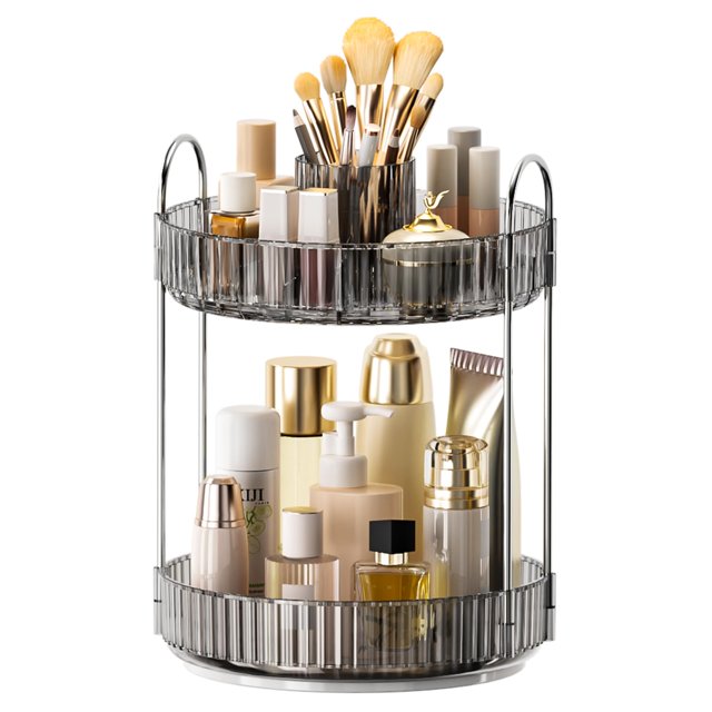 Organizador de maquillaje giratorio 360, organizador de perfumes para el cuidado de la piel de 2 niveles mejorado para mujeres, organizador de baño, encimera, organizador de tocador cosmético transpar