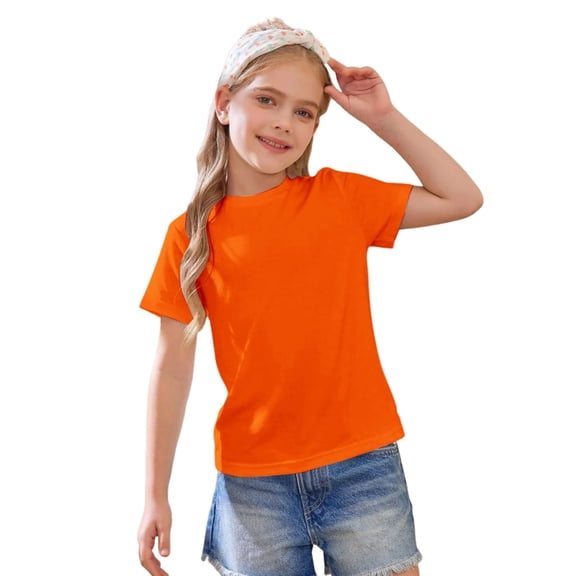 Lumtrix Girls Boys Short Sleeve T Shirts Crewneck Summer Tops Basic Solid Color Loose Fitted Tees Orange 160