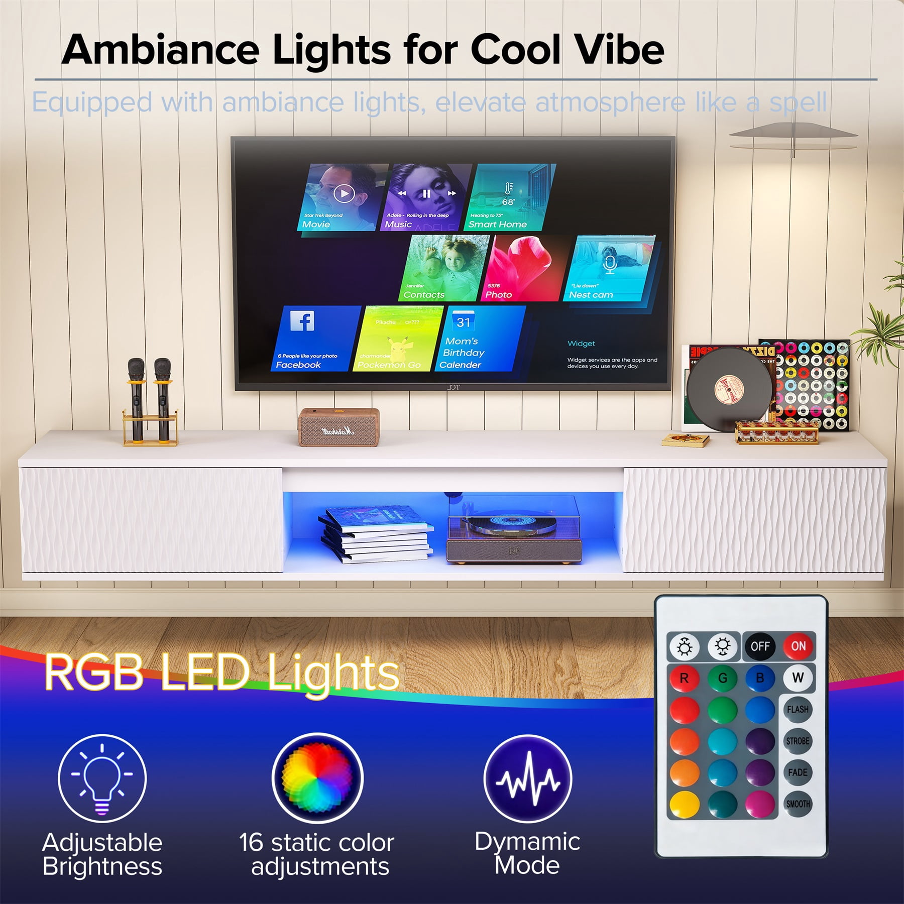Hommoo Modern LED TV Stand, Rhombus Carved Surface Wall-Mounted TV Cabinet with Double Doors &Open Shelf, Entertainment Center with Storage, White