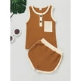 thumbnail image 2 of TSEXIEFOOFU Infant Baby Clothes Sets, Contrast Color Buttons Round Neck Pocket Tank Tops with Elastic Waist Shorts, 2 of 9