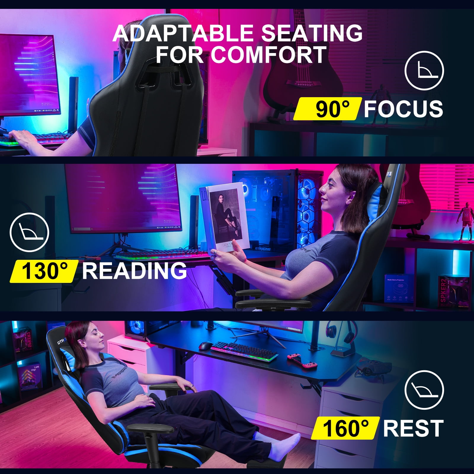 GTRACING Gaming Chair with Footrest Ergonomic Reclining Office Chair Swivel Rocker, Blue