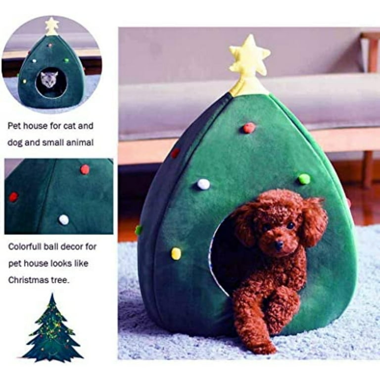 Christmas Cat House - Cute Cave Bed, Soft Teepee, Warm Winter Semi-Enclosed Shelter For Puppy & Kitten