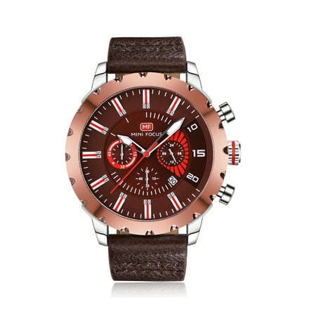 Mens Quartz Watch Brown Bezel Leather Classic Excellence 3 Dials Calendar for Friends Lovers Best Holiday Gift