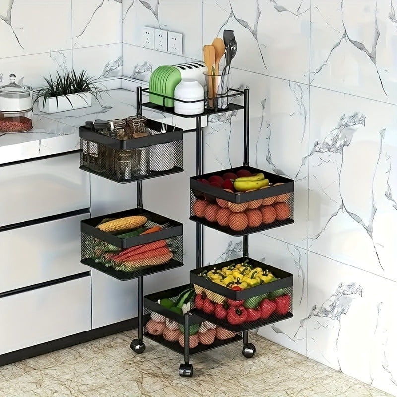 5 Tier Rotating Kitchen Storage Shelf, Metal Fruit Vegetable Storage Basket Multi-Layer Vegetable Rack Storage Trolley on Wheels, Floor-Standing Basket for Kitchen Bathroom, Square