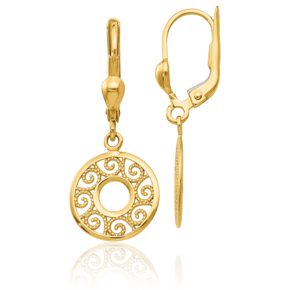 14K Solid Yellow Gold Antique Filigree Drop Dangle Earrings