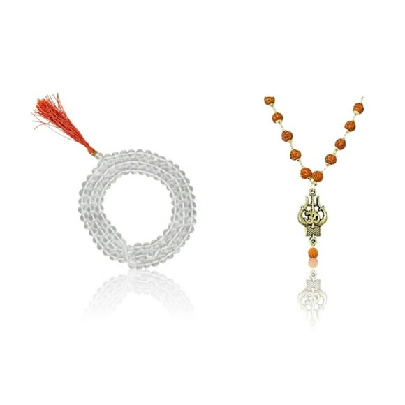 Kamada Combination of Crystal quartz(Sphatik) mala and exquisite Trishul Rudraksha mala,Spritual Necklace/rosary for Women and Men