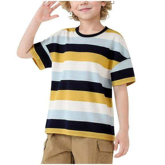 CYRBOKO Boys T-Shirts, Cotton Summer Striped Crewneck Short Sleeved Top Black Size 10-12 T