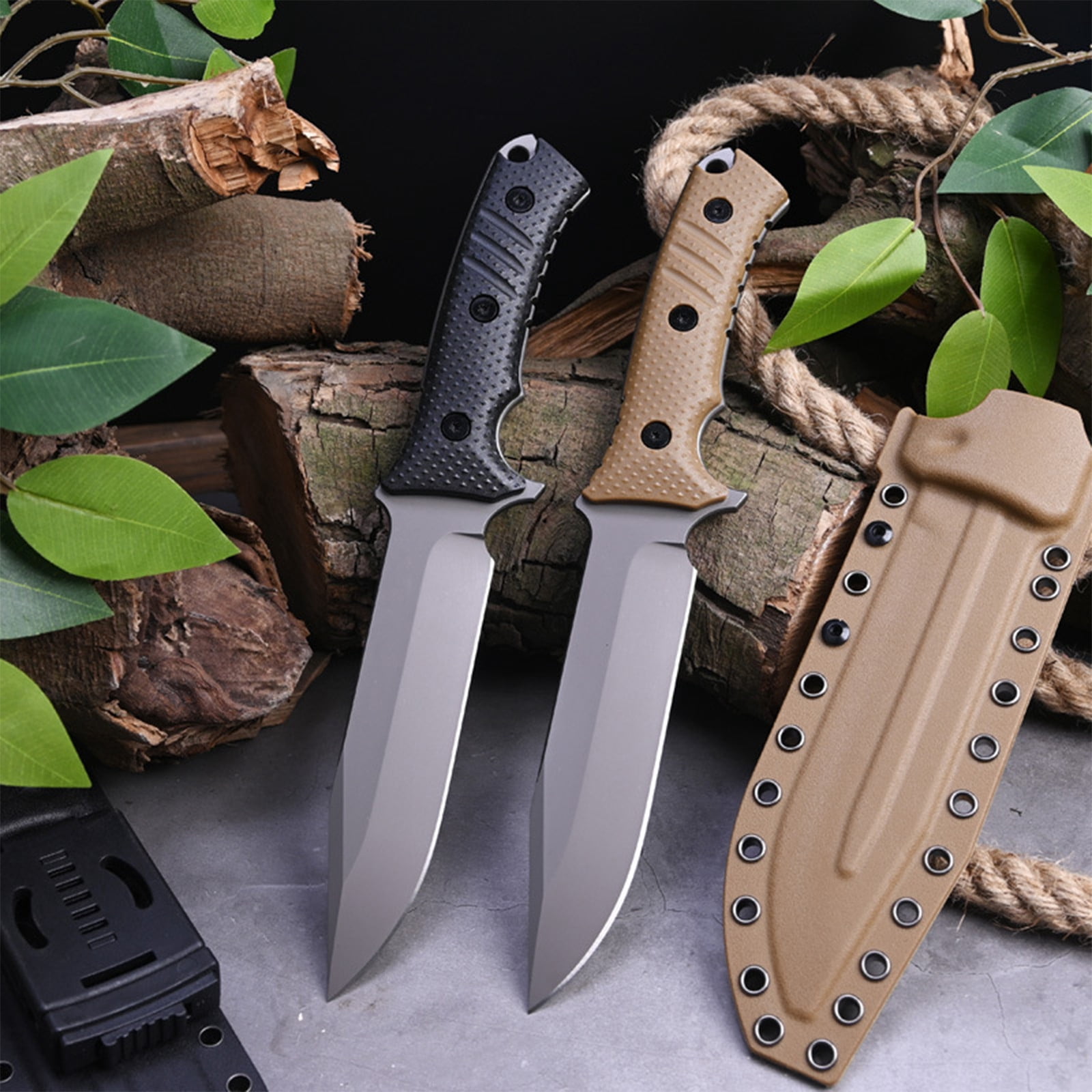 Fixed Blade AUS-10 Steel Knives with Sheath,Big Full Tang Bushcraft Knife with Sheath Hunting Knife with Handle for Camping, Survival, Fishing(Khaki)