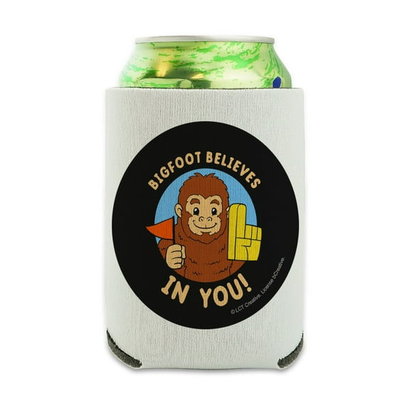 Bigfoot Believes in You Funny Humor Can Cooler - Drink Sleeve Hugger Collapsible Insulator - Beverage Insulated Holder