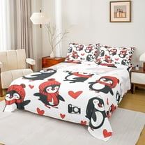 Manfei Cute Animal Penguin 4-Piece Full Size Sheets for Boys Girls,Love Heart Print Bed Sheets,Happy Xmas Christmas Lightweight Sheet Sets,Lightweight Room Decor
