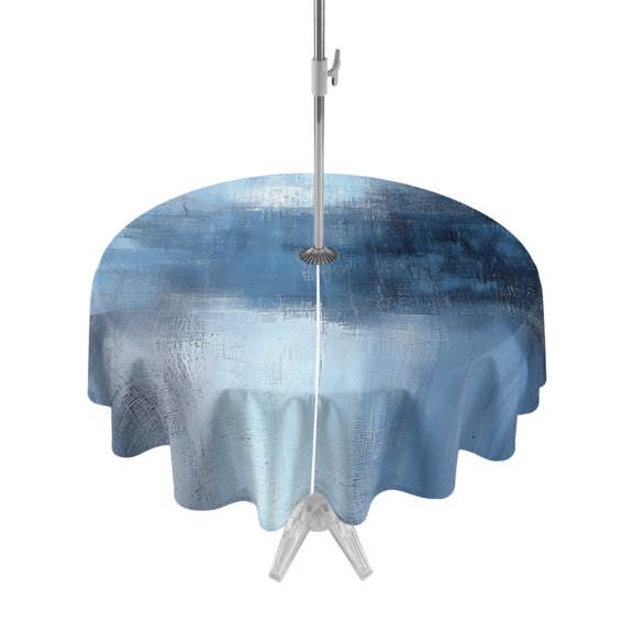 Outdoor Table Cloth with Umbrella Hole and Zipper, Blue Ombre Waterproof Round Tablecloth 54 Inch, Oil Painted Retro Abstract Art Modern Washable Table Cover for Outside Party Patio Picnic