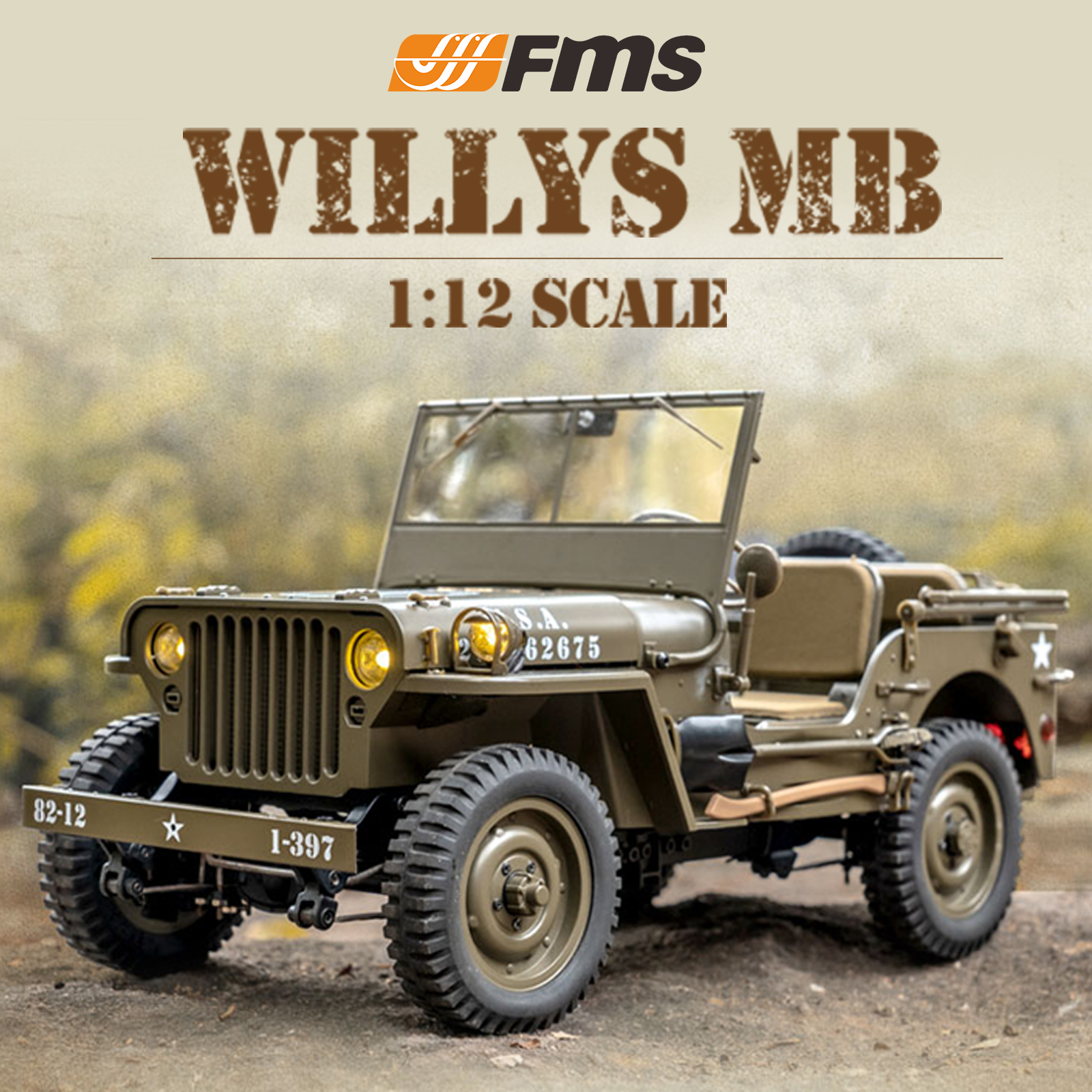 Fms RC Truck 1/12 1941 MB Scale Willys Military Vehicle 4wd with  Transmitter Battery and Charger