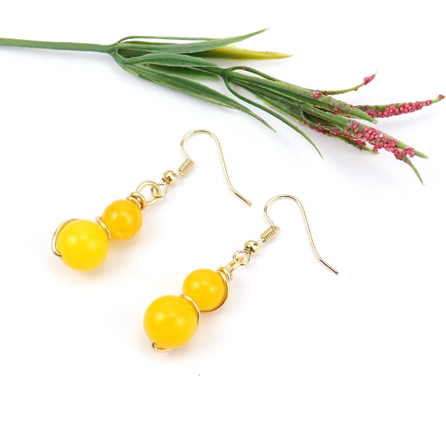 Nvzi Pendientes personalizados, cuentas redondas de piedra de cristal hechas a mano, pendientes envueltos en alambre de cobre dorado, pendientes de temperamento de estilo largo con cuentas (amarillo)