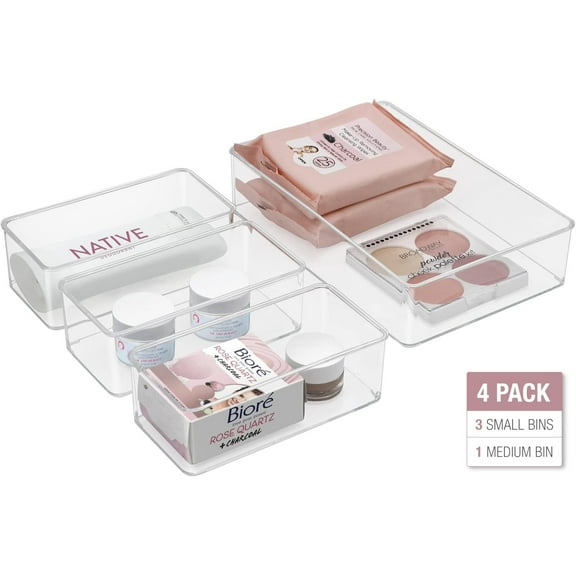 Sorbus Set of 4 Clear Plastic Drawer Storage Organizer Bins - Organization for Beauty, Kitchen, Office