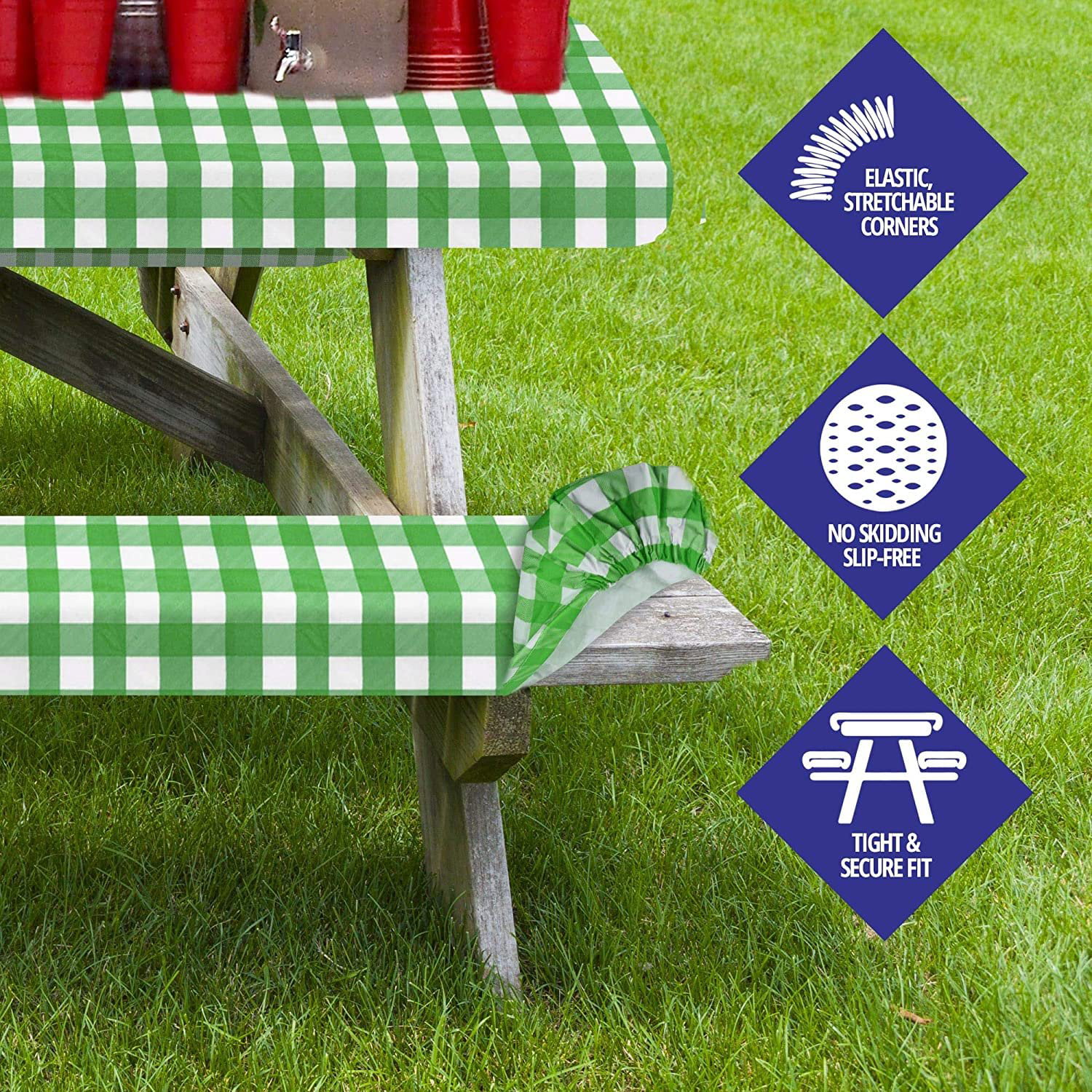 Picnic Table Cover with Bench Covers 3 Piece Patio Set Vinyl Elastic Fitted Tablecloth Flannel Backing Plastic Tables Seat Cloth Outdoor Waterproof Oilcloth Camping Tablecloths Checkered Blue White 