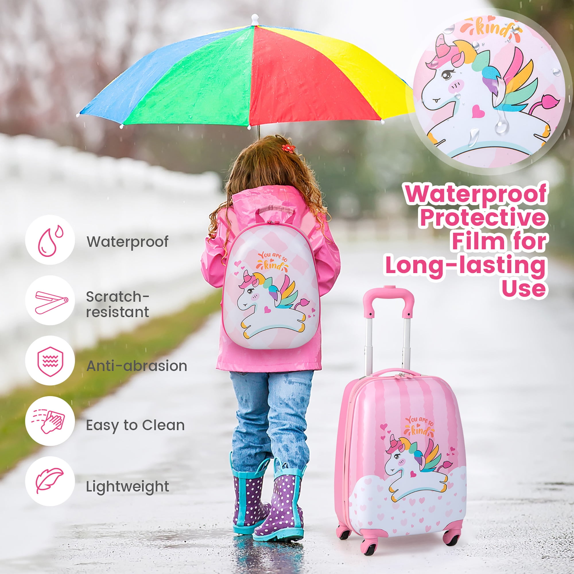 Costway 2 Pcs Kids Luggage Set 12 Backpack & 16 Kid Carry on Suitcase for Boys Girls Pink