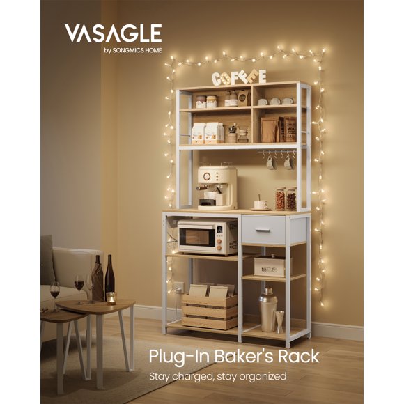VASAGLE Bakers Rack with Charging Station, Coffee Bar Stand with Adjustable Storage Shelves, Fabric Drawer, 12 Hooks, Table for Microwave, Kitchen, Gold Oak and Cloud White