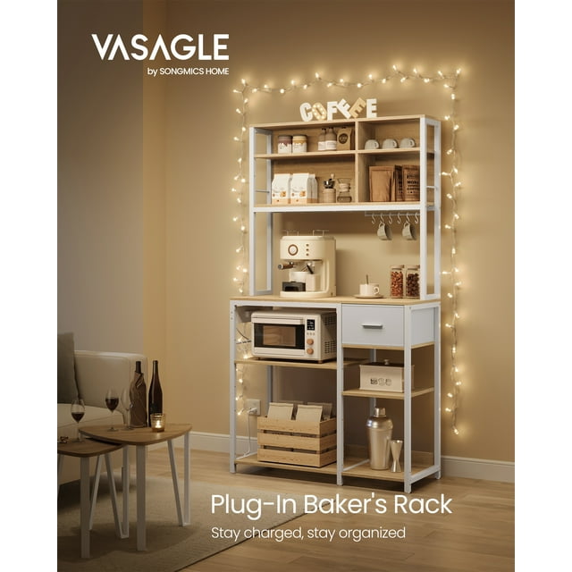 VASAGLE Bakers Rack with Charging Station, Coffee Bar Stand with Adjustable Storage Shelves, Fabric Drawer, 12 Hooks, Table for Microwave, Kitchen, Gold Oak and Cloud White