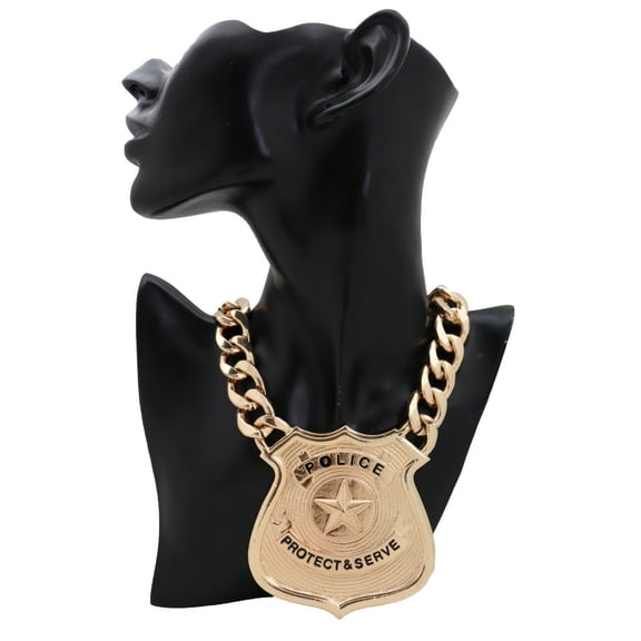 Women Gold Metal Chain Necklace Big Police Badge Pendant Protect & Serve