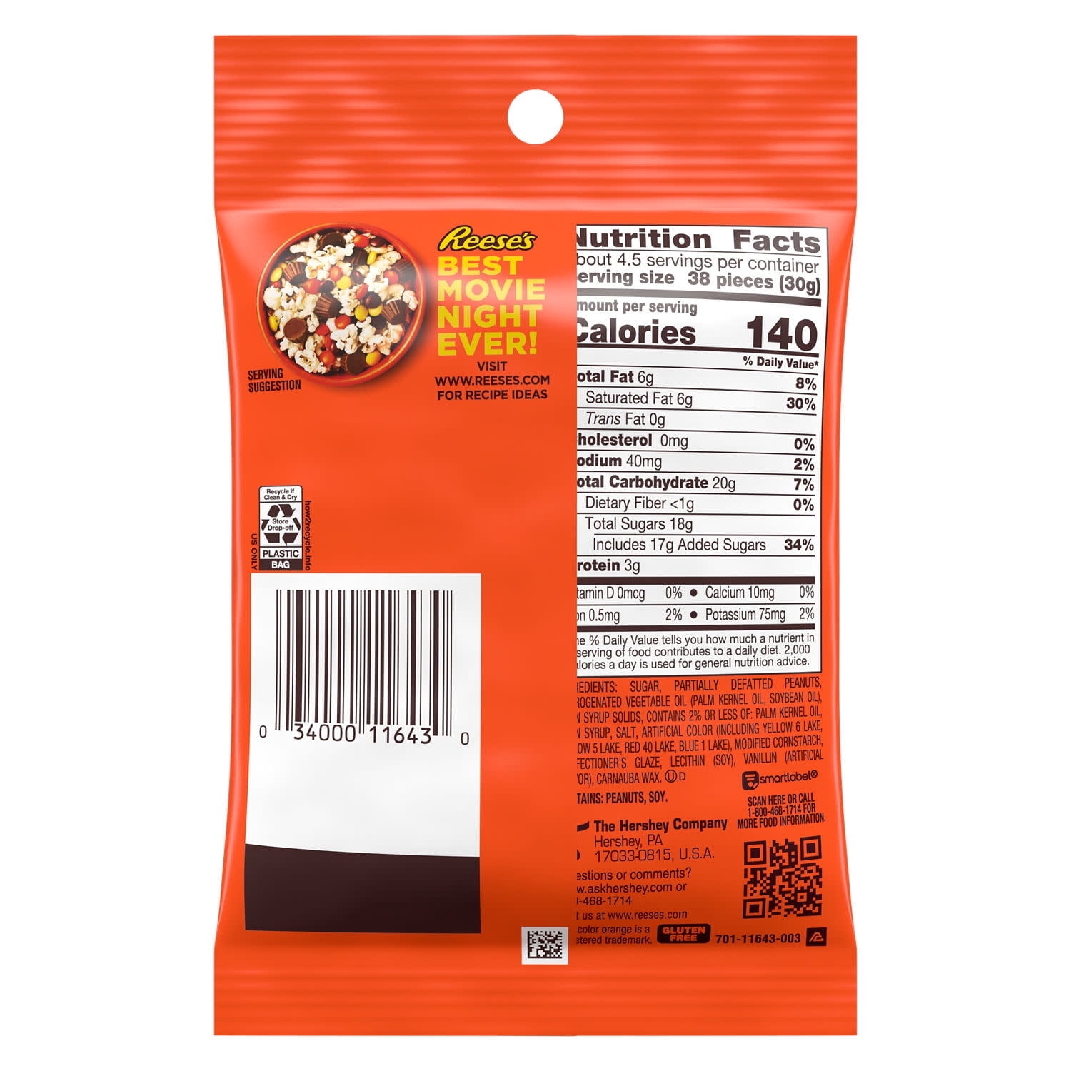 Reese's Pieces Peanut Butter in a Crunchy Shell Candy, Bag 4.8 oz (pack of 2)
