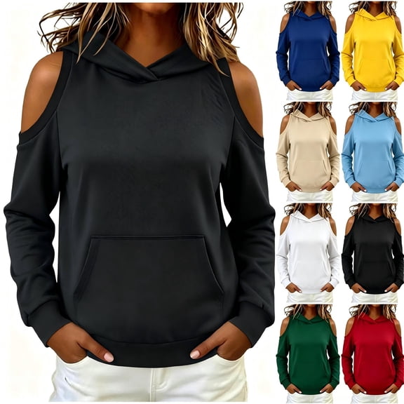 Tqcoqu Women's Cold Shoulder Hoodie,Long Sleeve Casual Pullover Sweatshirt With Front Kangaroo Pocket Tops,2026 Fall Winter Trendy Clothes,Black Women's S-XXL