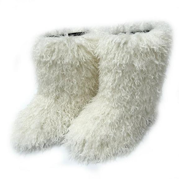 Women Winter Fluffy Faux Mongolian Fur Mid-Calf Snow Boots Y2K Non-slip Plush Warm Boots