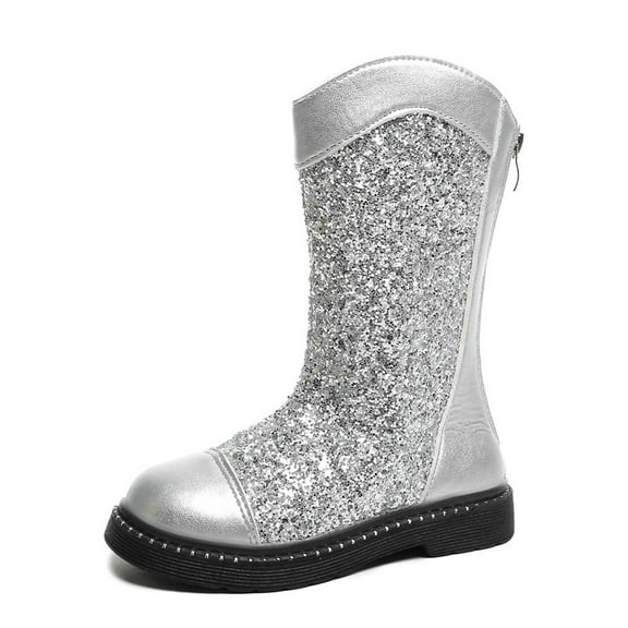 Xiaoxatg Girls Boots Sparkly Leather Girls Winter Fashion Boots Sole Comfortable Ankle Booties For Toddler Youth Kids Everyday Wear 8-9 Years Silver