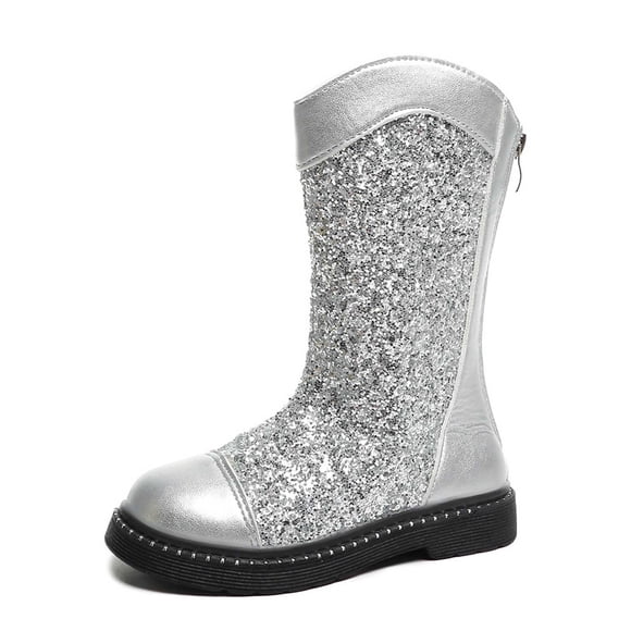 QHFBli Cowboy Boots Kids - Mid Calf Western Shoes Cowgirl Riding Shoes Square Toe for Toddler/Little Kid/Big Kid Silver 3.5-4 Years